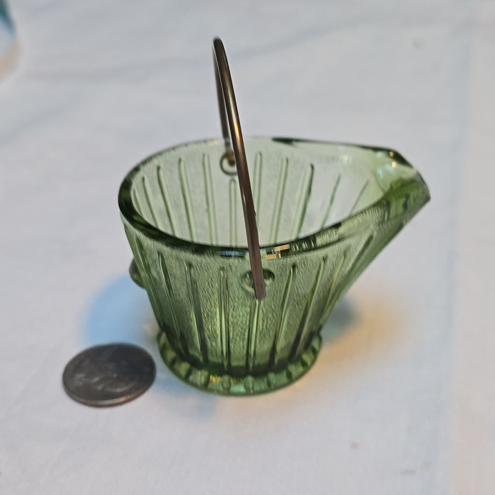 Vintage Hazel Atlas Little Coal Bucket Ashtray With Handle Green Glass 2"